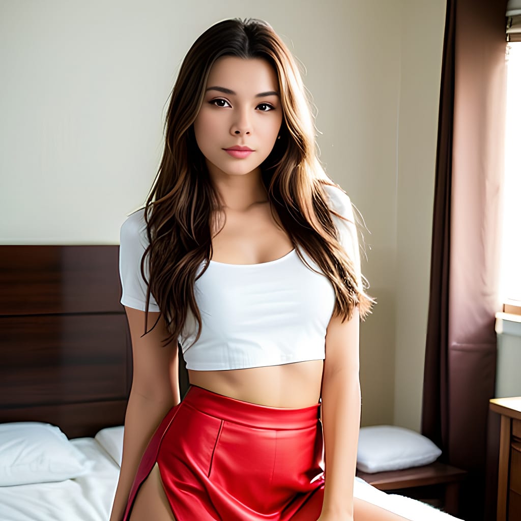 bedroom long hair brunette middle eastern bright lighting woman long legs mini skirt