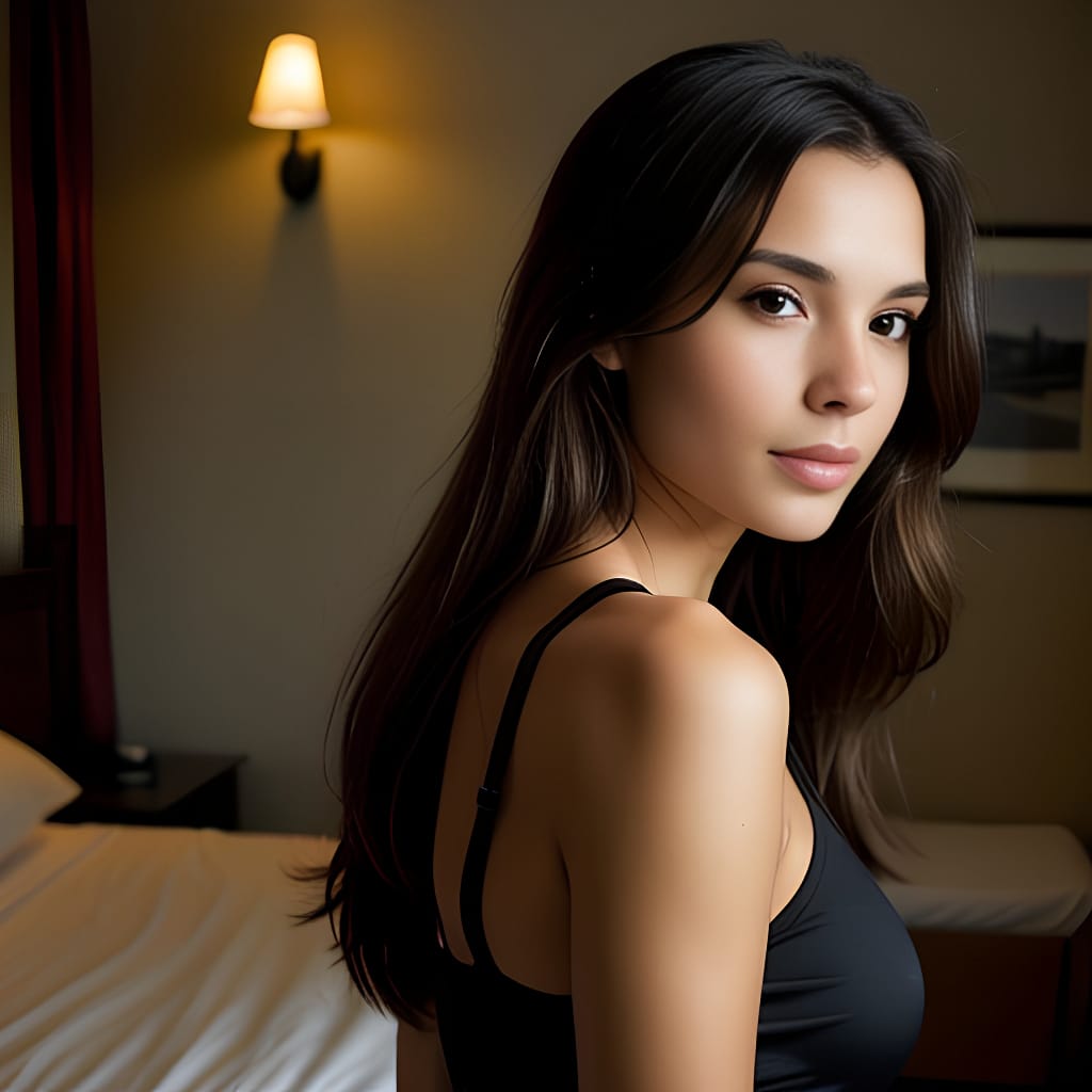 bedroom shirt side dark lighting brunette woman long hair middle eastern