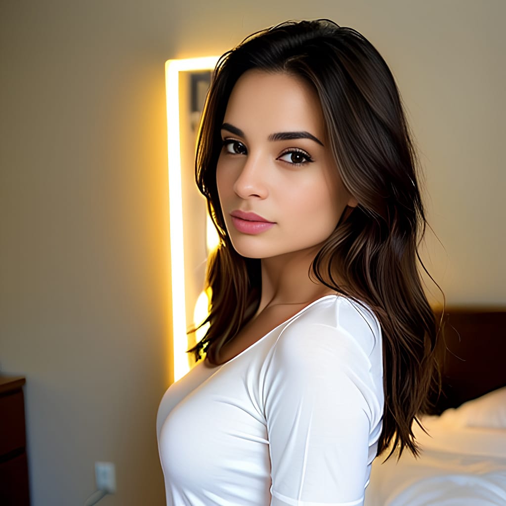 bright lighting front bedroom middle eastern long hair woman brunette shirt