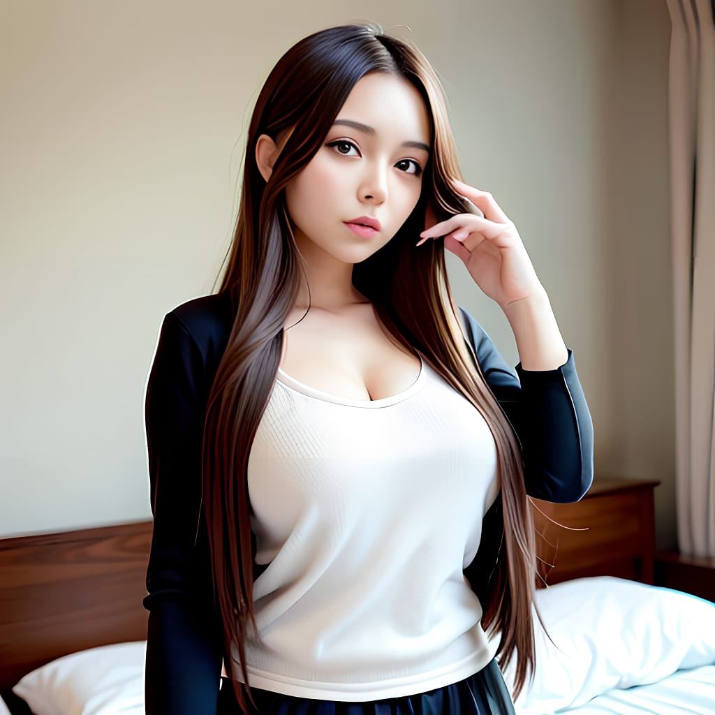 brunette mini skirt woman bedroom front long hair middle eastern fat