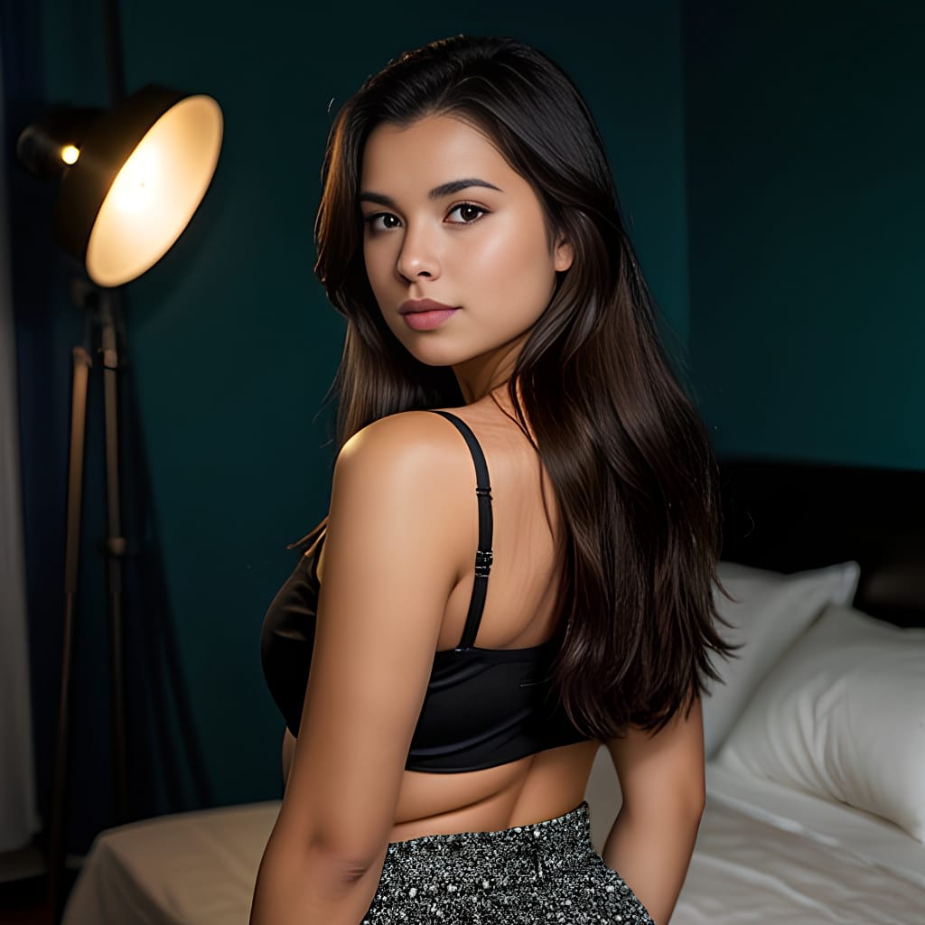 dark lighting long hair middle eastern woman bedroom bright lighting mini skirt brunette back