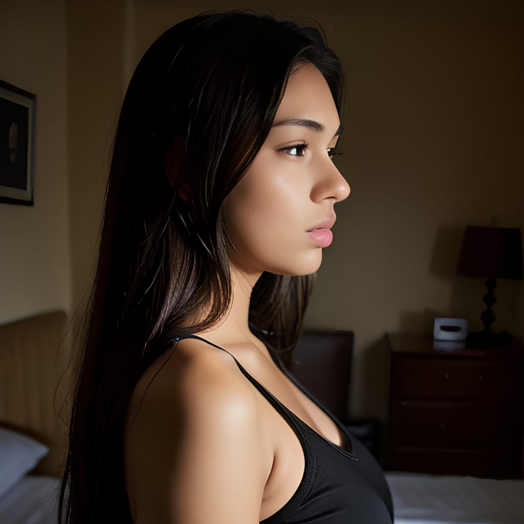 dark lighting shirt bedroom long hair woman brunette middle eastern