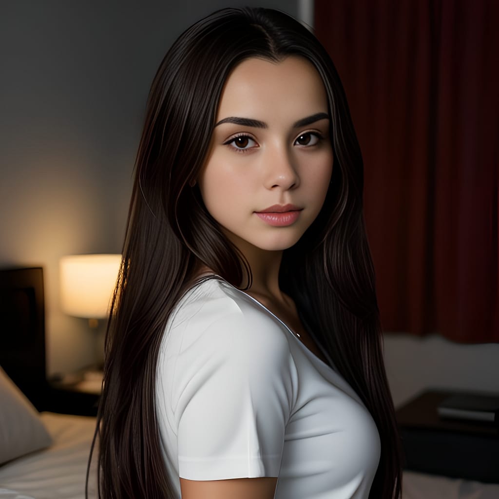 middle eastern mini skirt bedroom detailed brunette dark lighting long hair side woman