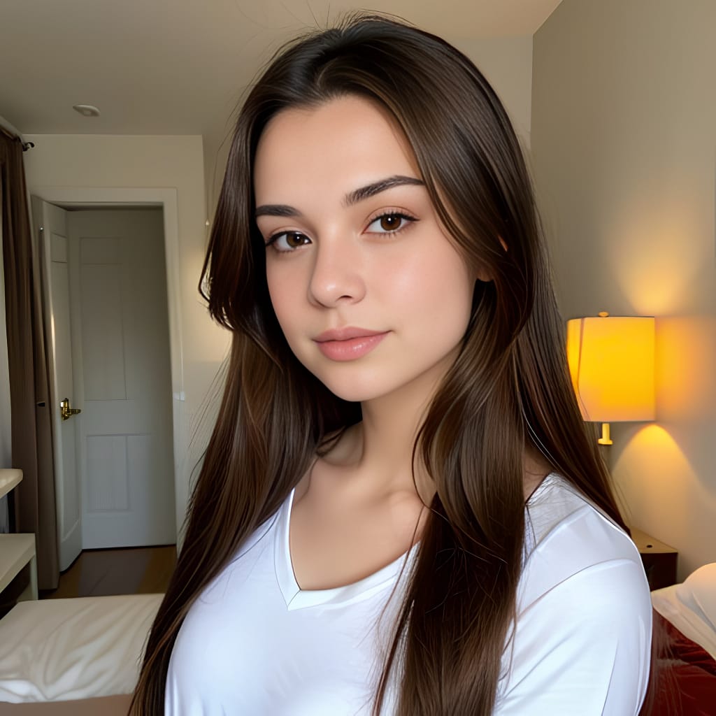 side brunette bright lighting woman middle eastern shirt long hair bedroom