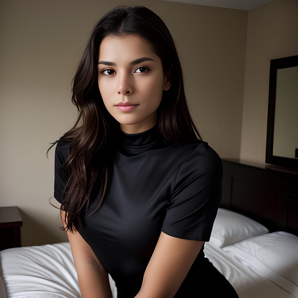 brunette woman bedroom middle eastern shirt dark lighting 