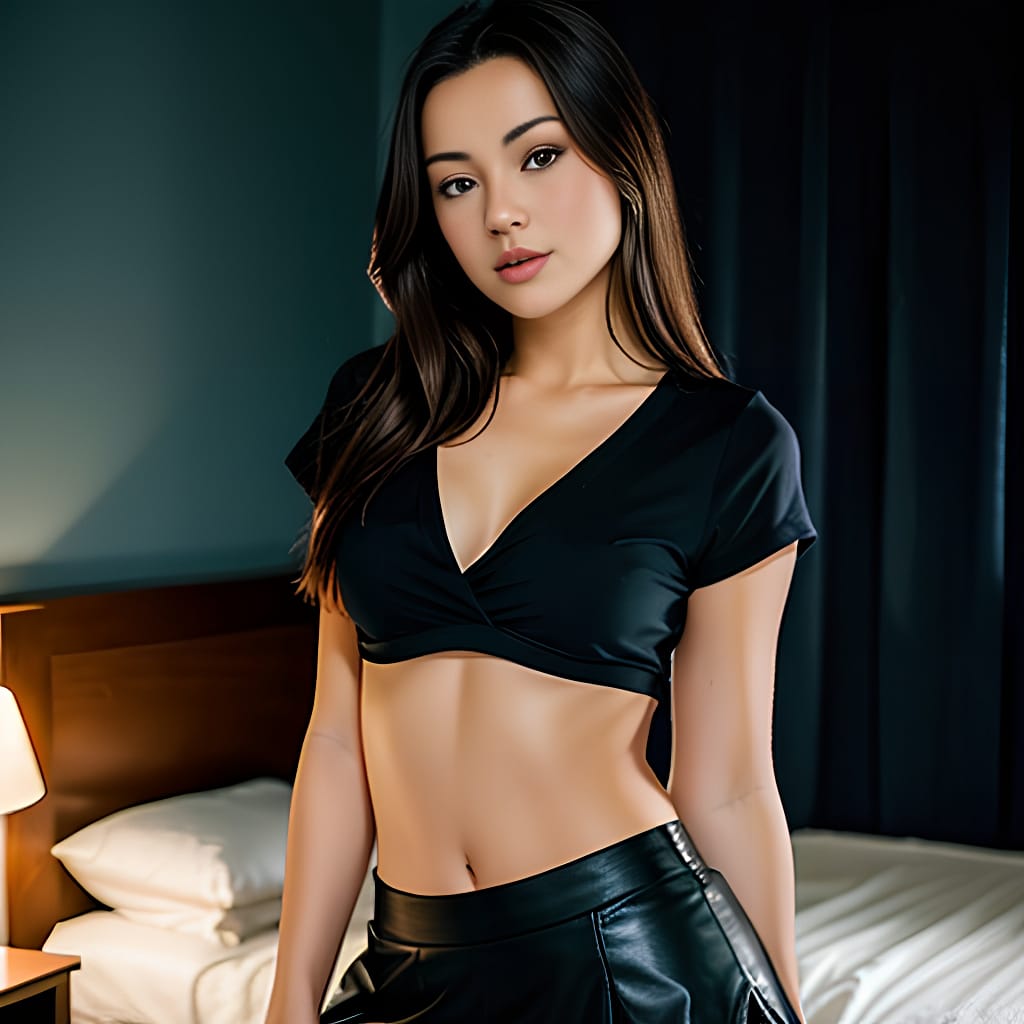 mini skirt bedroom middle eastern woman dark lighting brunette 