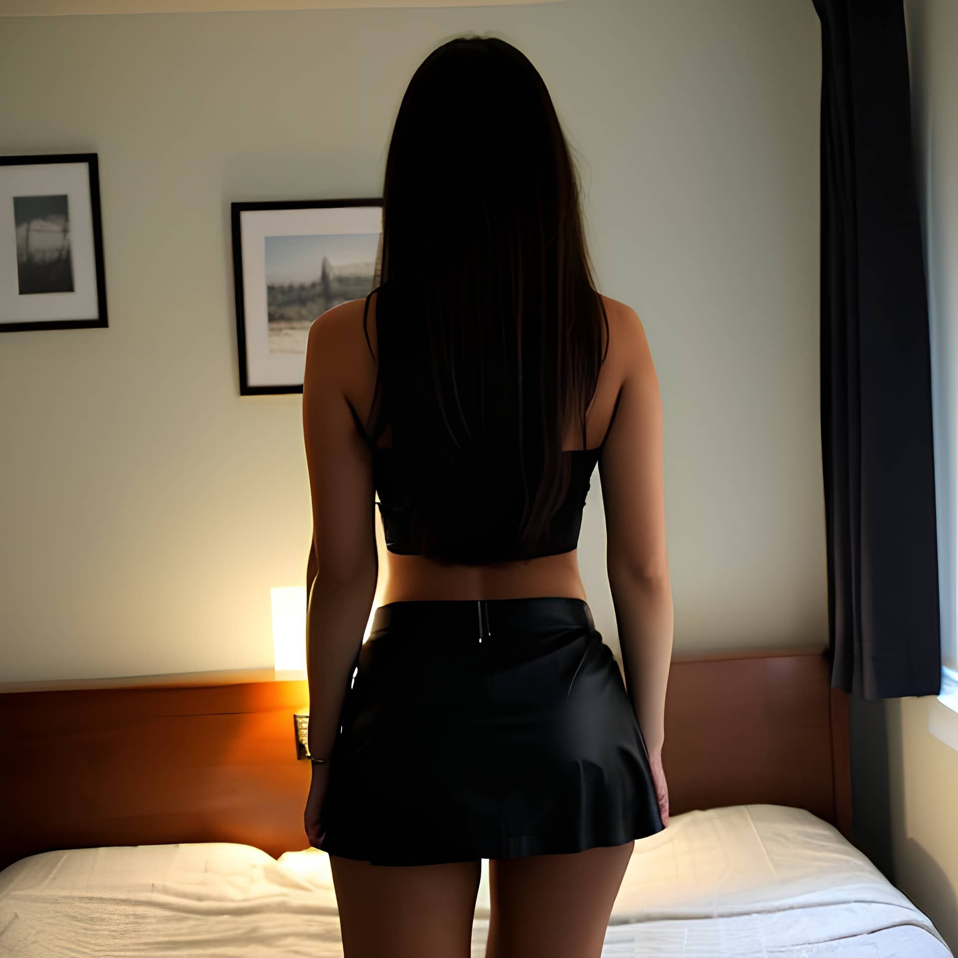 dark lighting back bedroom long hair middle eastern woman big hips brunette mini skirt 